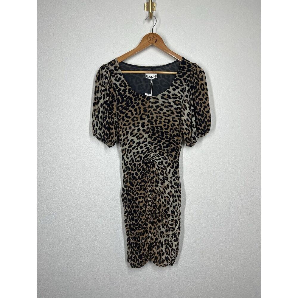Ganni Ruched Leopard Print Mini Dress Size 38 US XS Mesh Bodycon